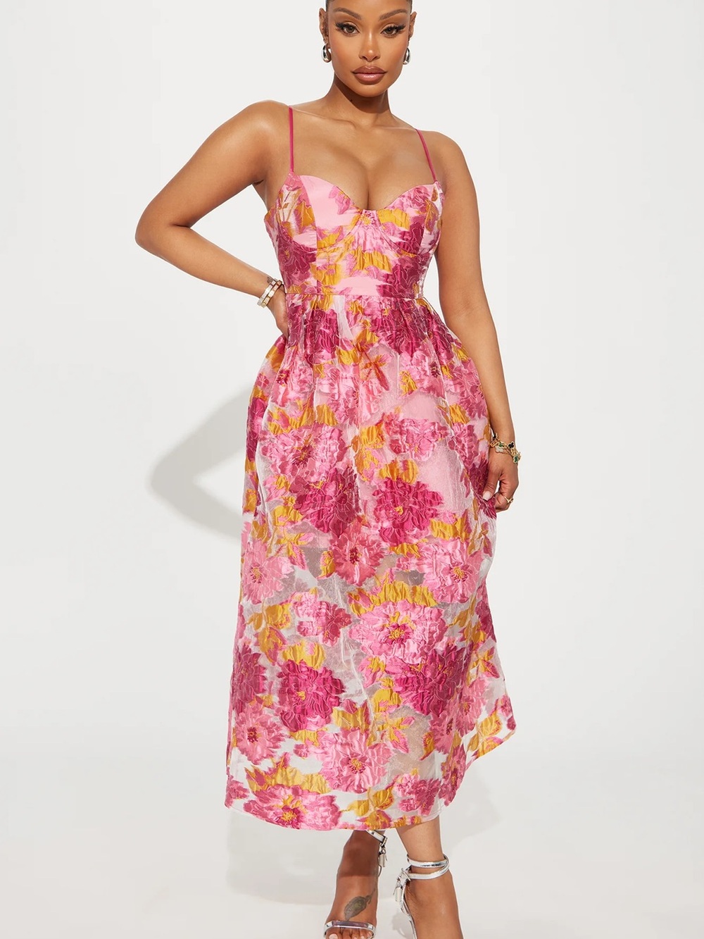Fashion Nova Pink & Yellow Floral Midi Dress with Spaghetti Straps